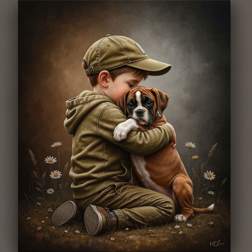 Boy Hugging Boxer Puppy in Whimsical Realism
