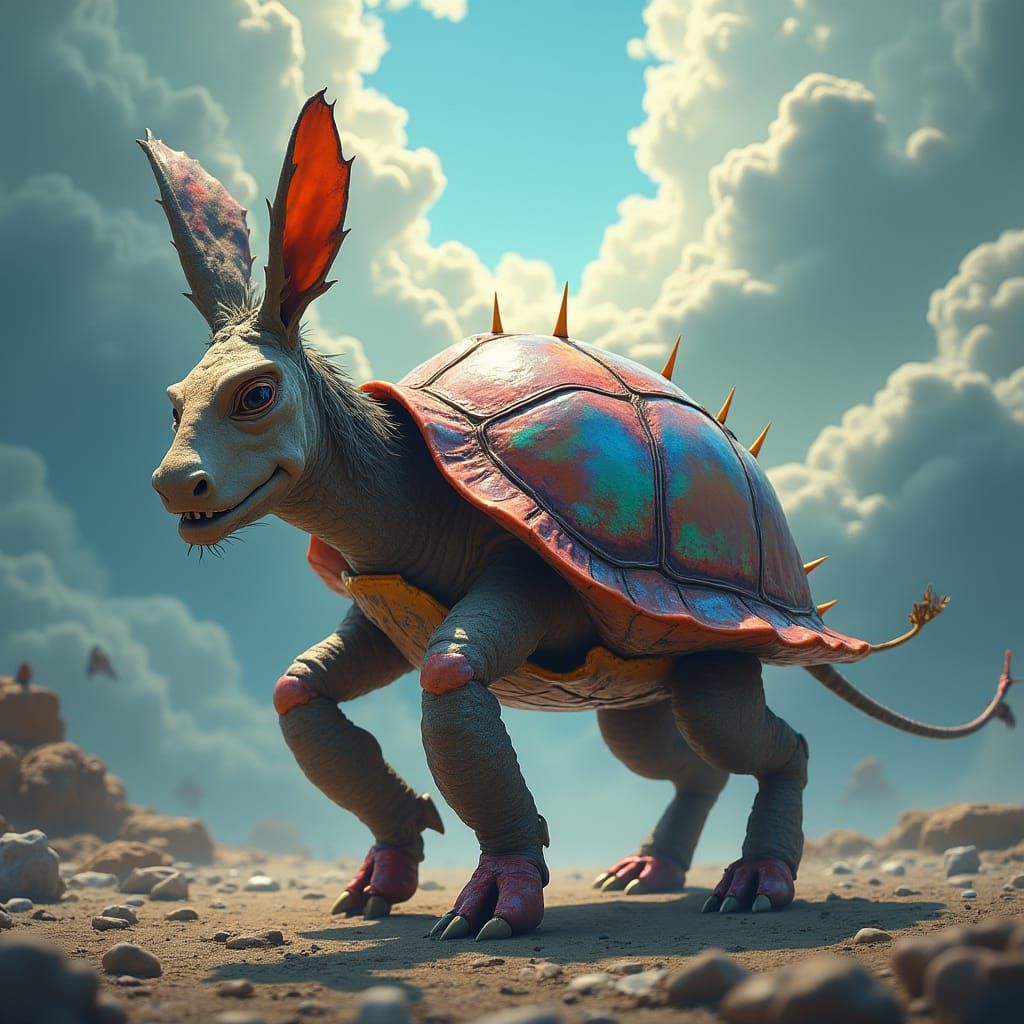Mystical Turtle-Lobster-Donkey Hybrid in Dream Landscape