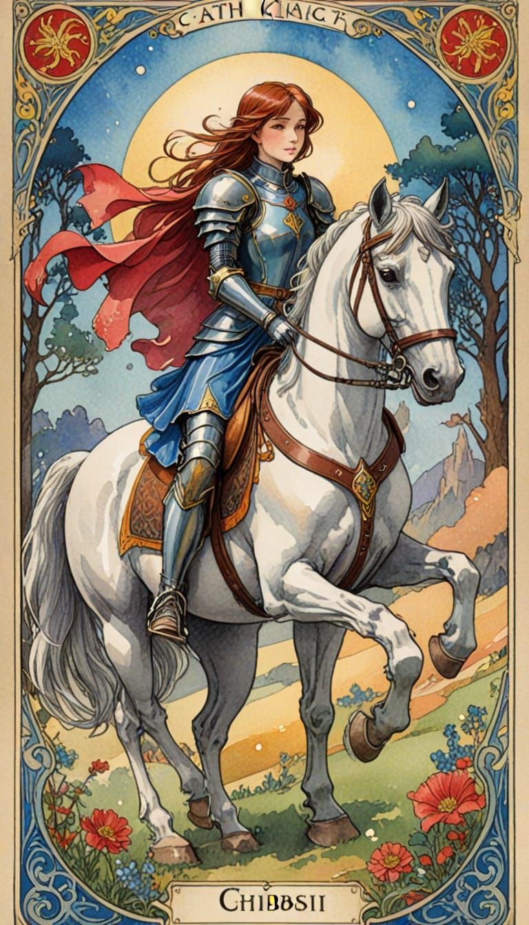Ghibli-Inspired Art Nouveau Knight on Horseback, a Vibrant W...