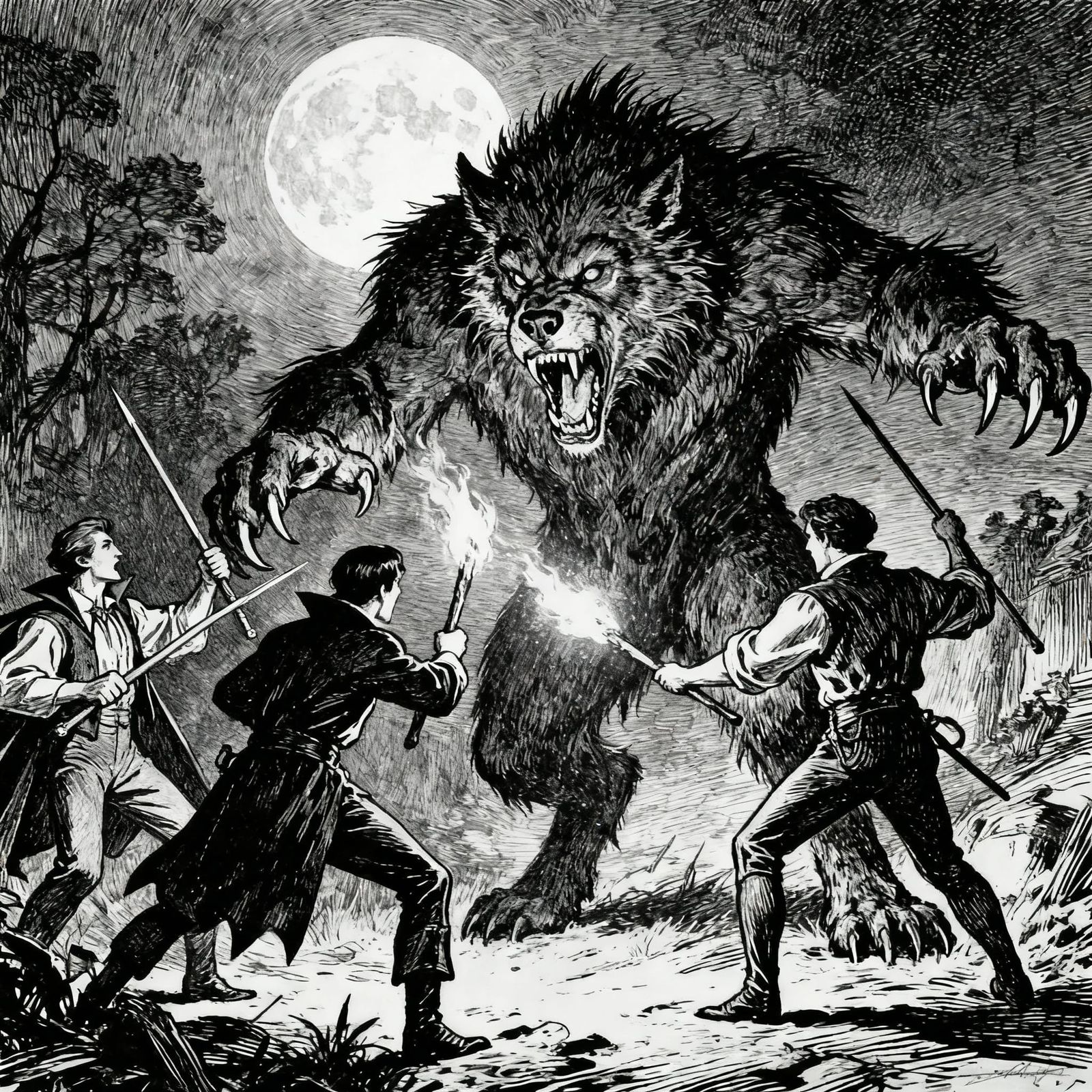 Vampire Hunters Battle Colossal Werewolf in Dramatic Sketch