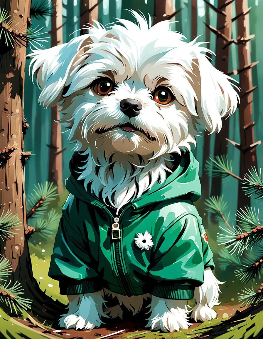 Adorable Digital Painting of a White Maltese Dog in Winter A...