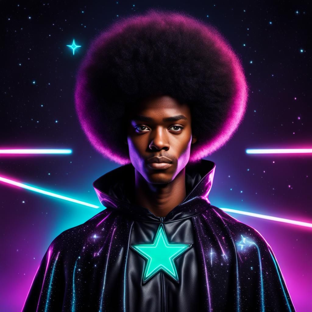 Teenage Boy in Star Cloak, Synthwave Neon Art