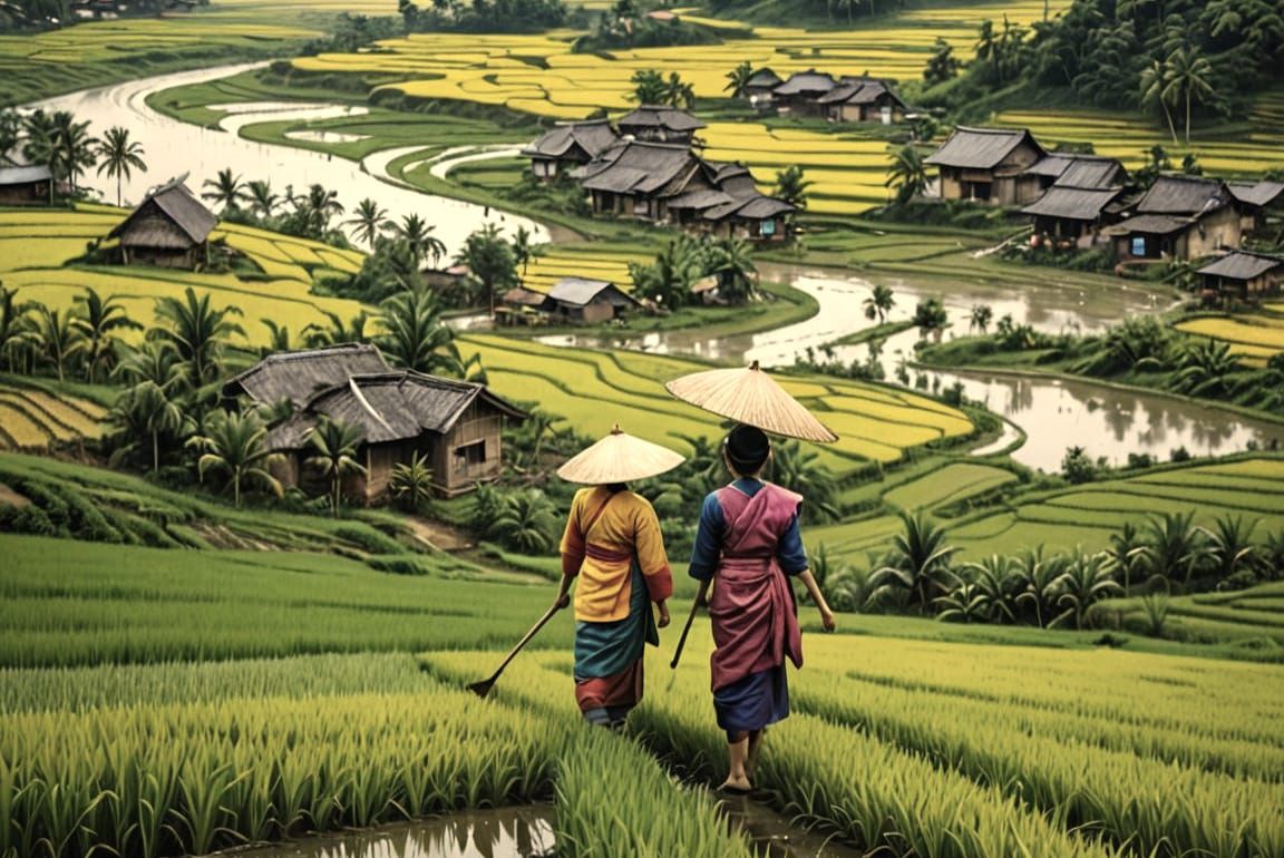 Women Working in Rice Fields: Hyperrealistic Splash Art