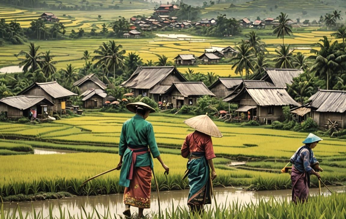 Women in Rice Fields: Hyperrealistic Splash Art