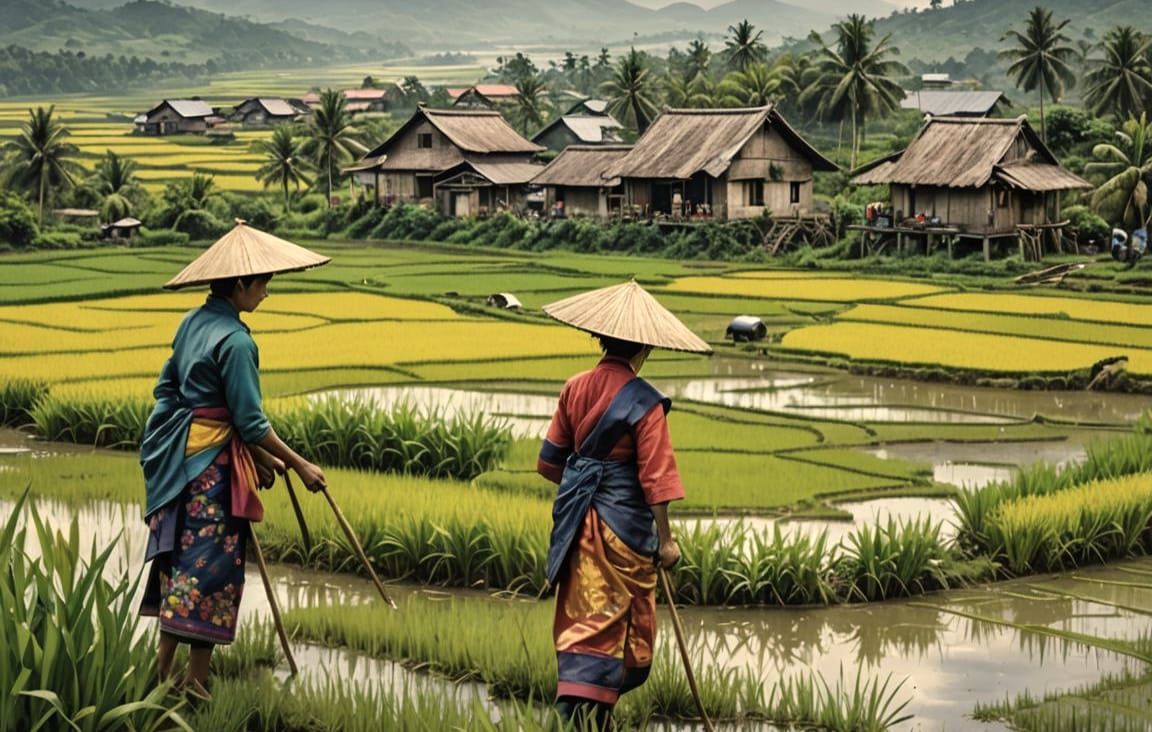 Women in Rice Fields: Hyperrealistic Splash Art