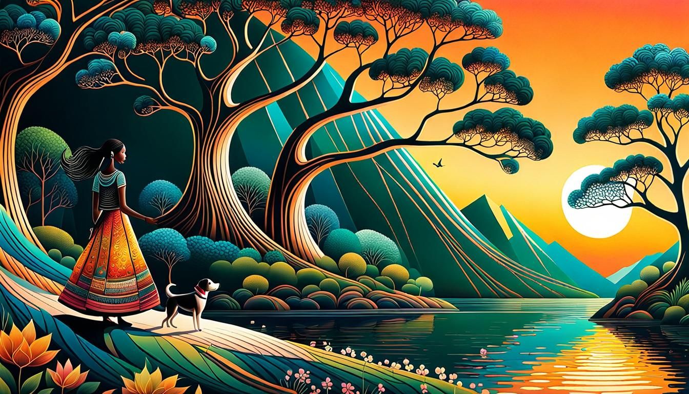 Sunset Dreamscape: Woman and Dog in Art Brut Style