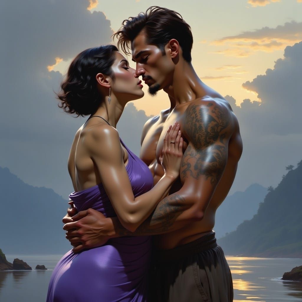 Romantic Kiss in Pre-Raphaelite Style