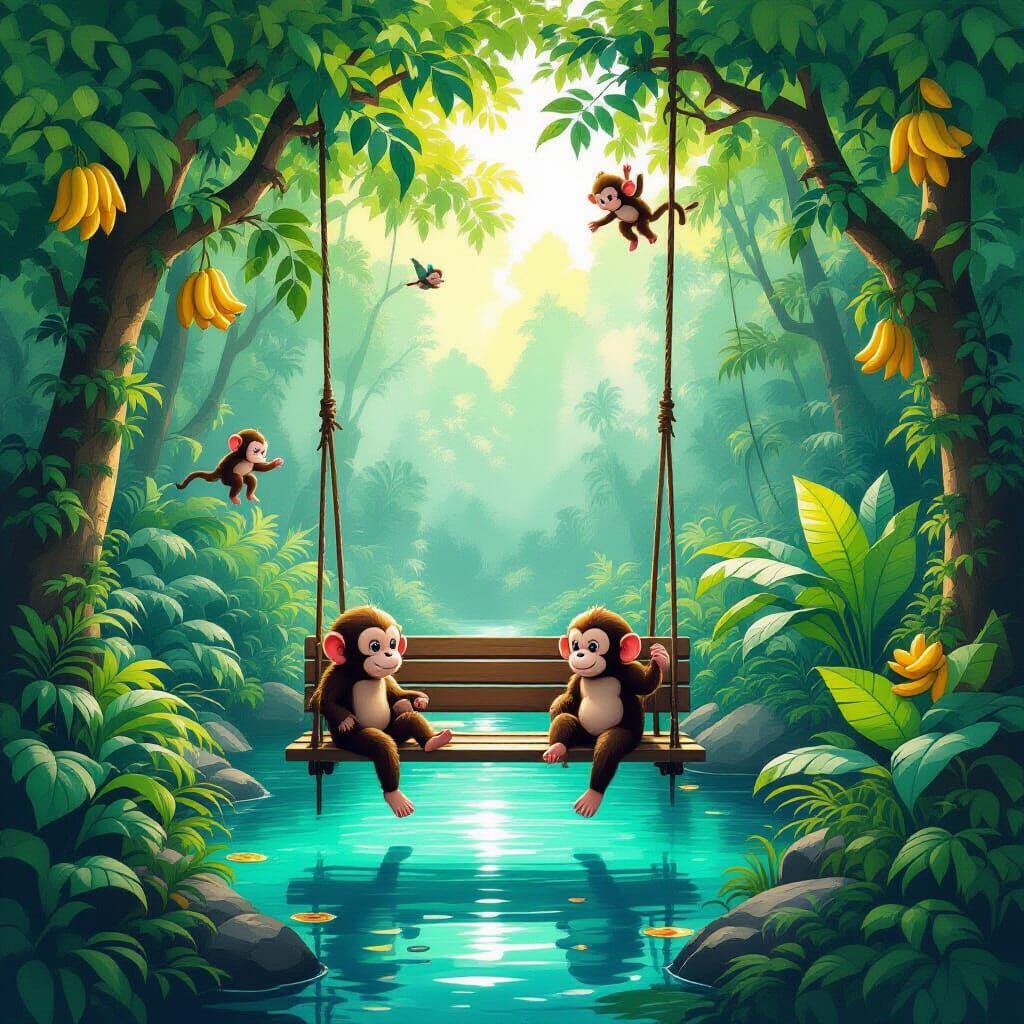 Jungle Swing Bench with Monkeys and Turquoise Lake