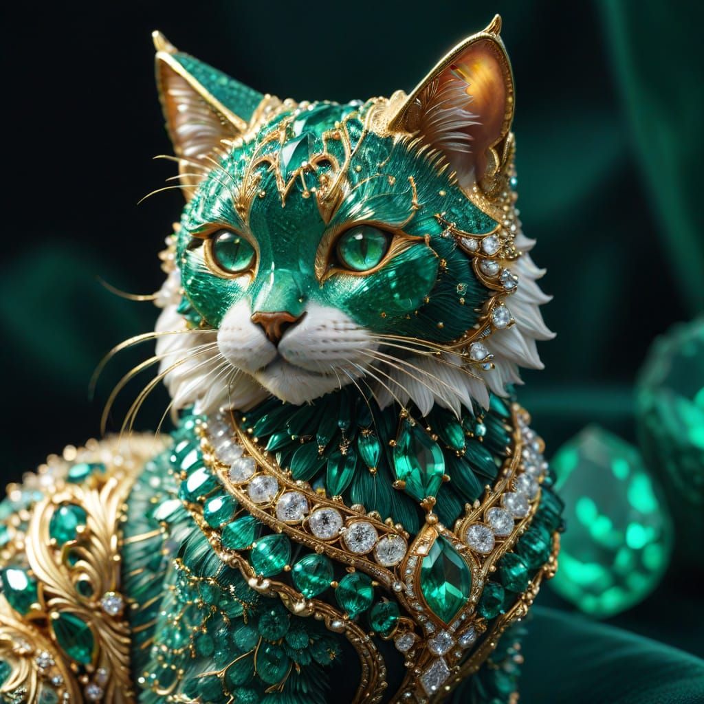 Gemstone Cat Sculpture on Velvet in Oil Painting Style