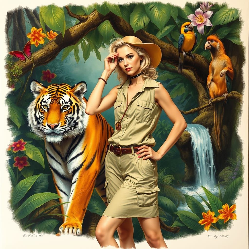 Blonde in Jungle with Tiger, Detailed Oil Painting