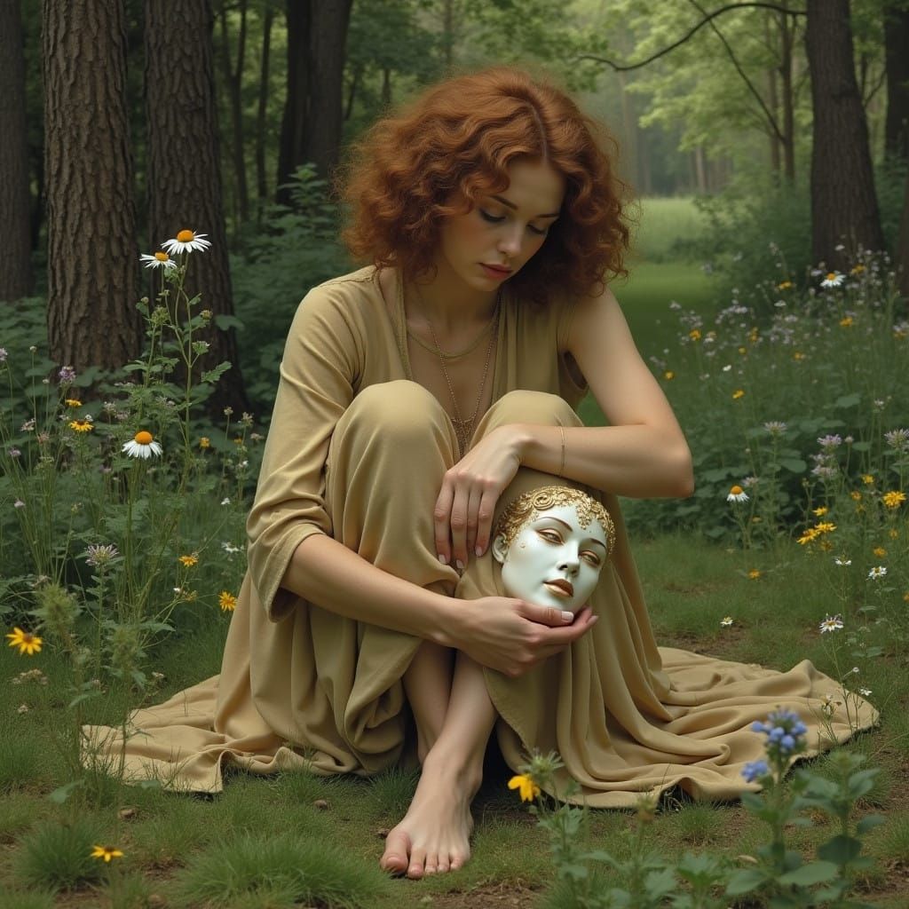 Serene Woman Lost in Contemplation in a Lush Forest Glade