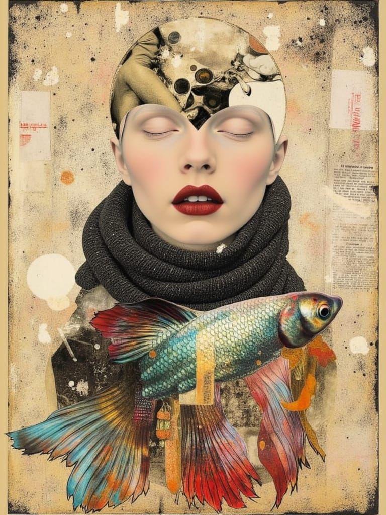 Surreal Betta Fish Woman Hybrid Mixed Media Collage