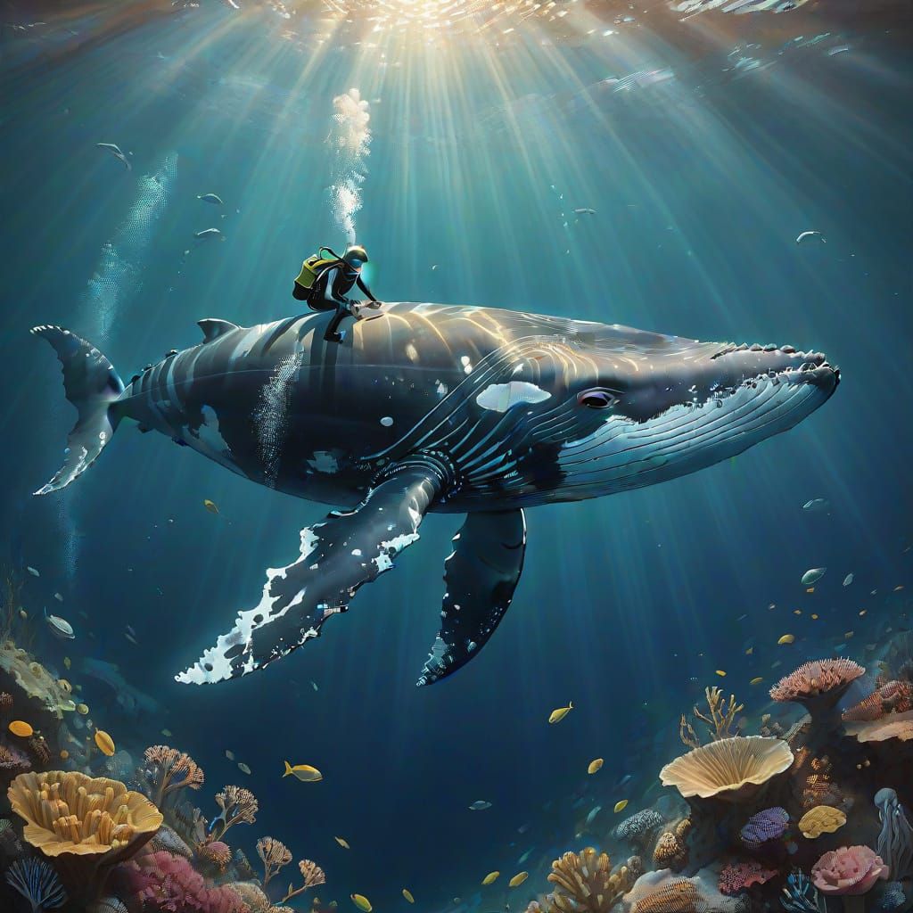 Diver's Serene Underwater Encounter with Humpback Whale