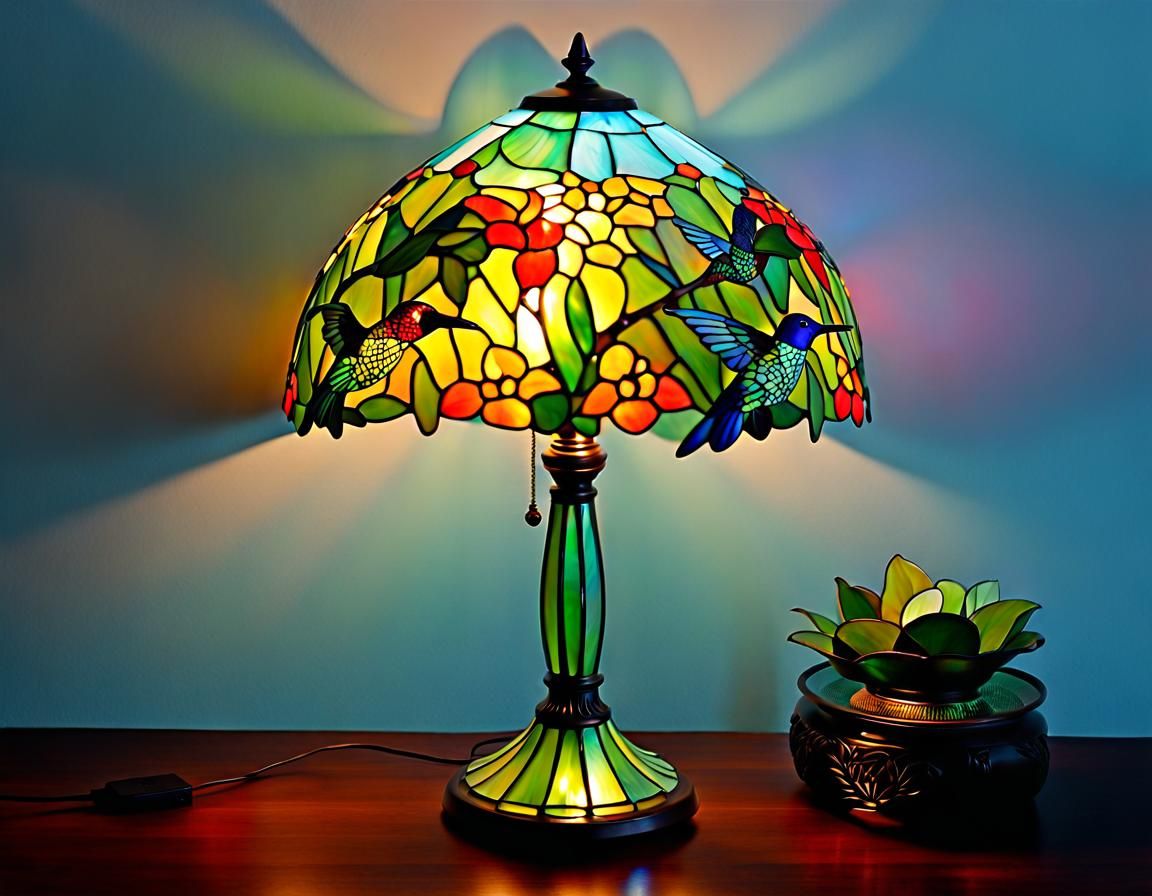 Amazing hummingbird table lamp in the style of Tiffany