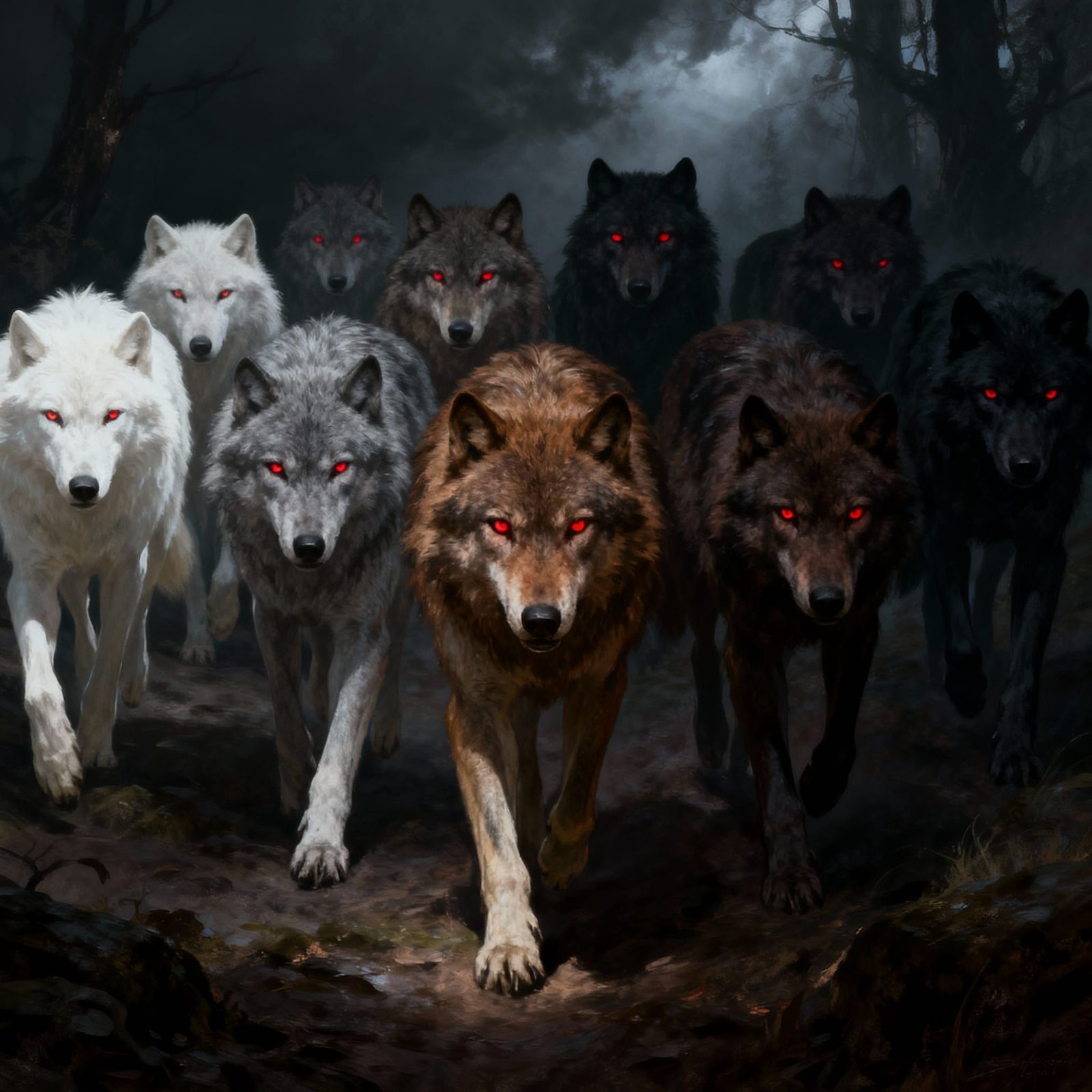 Pack of 10 Wolves With Red Eyes Walk Toward Viewer