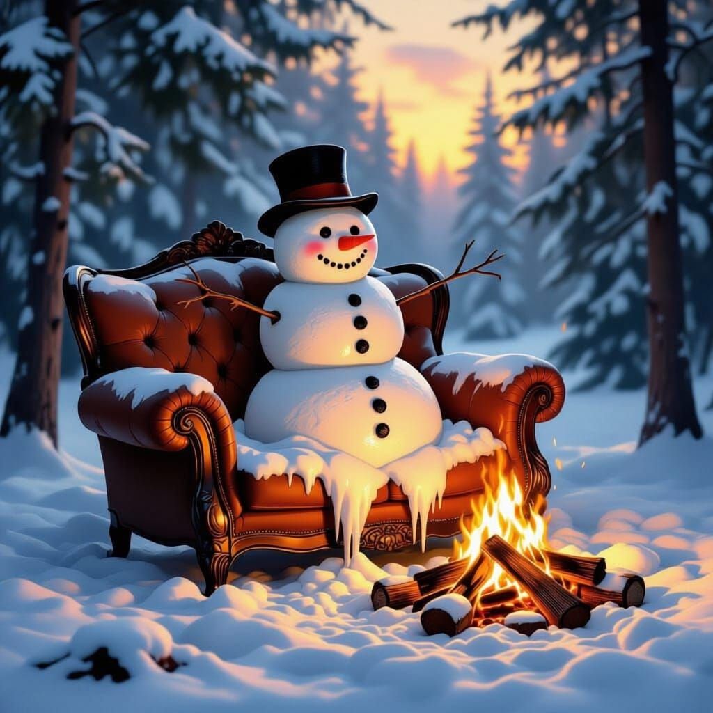 Melting Snowman by Campfire in Enchanted Forest