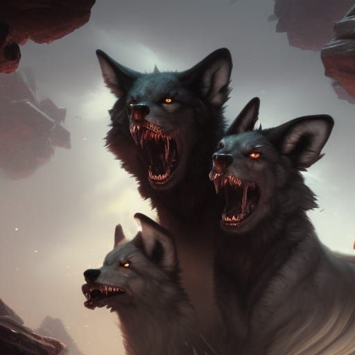 Three-Headed Wolf Cerberus in Dark Fantasy Style