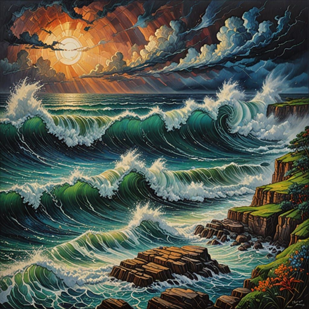 Great Ocean Storm in Vivid Colors, Oil Painting