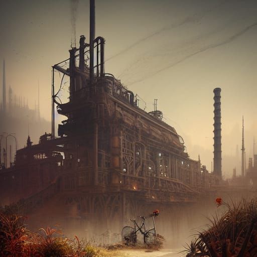 Gothic Dieselpunk Steel Mill in Desert Oasis