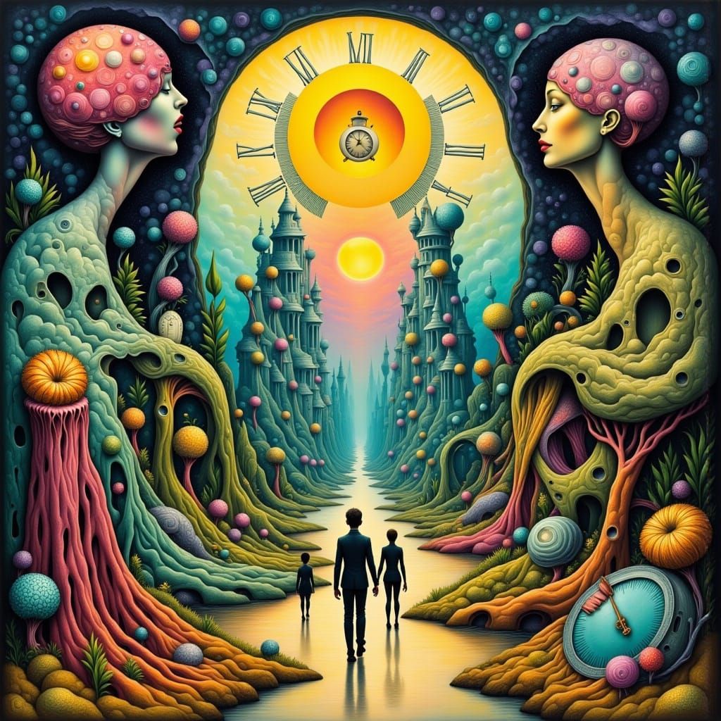 Surreal Figures in Melting Clock Landscape