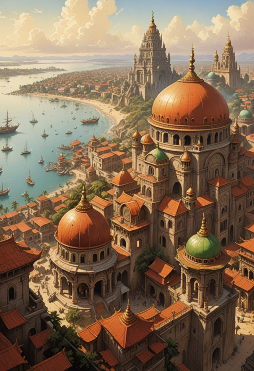 Majestic 15th Century Hindu Coastal Cityscape in Heroic Fant...