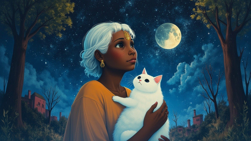 Elderly Woman and White Cat Gazing at Moon
