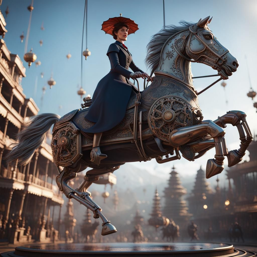 Mary Poppins Rides a Wild Horse: Sci-Fi 8K Render