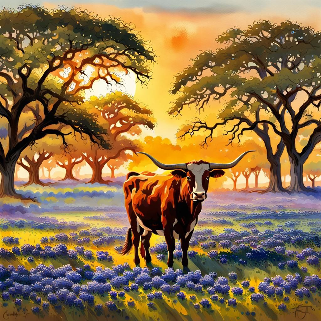 Texas Longhorns in Bluebonnet Field: Watercolor