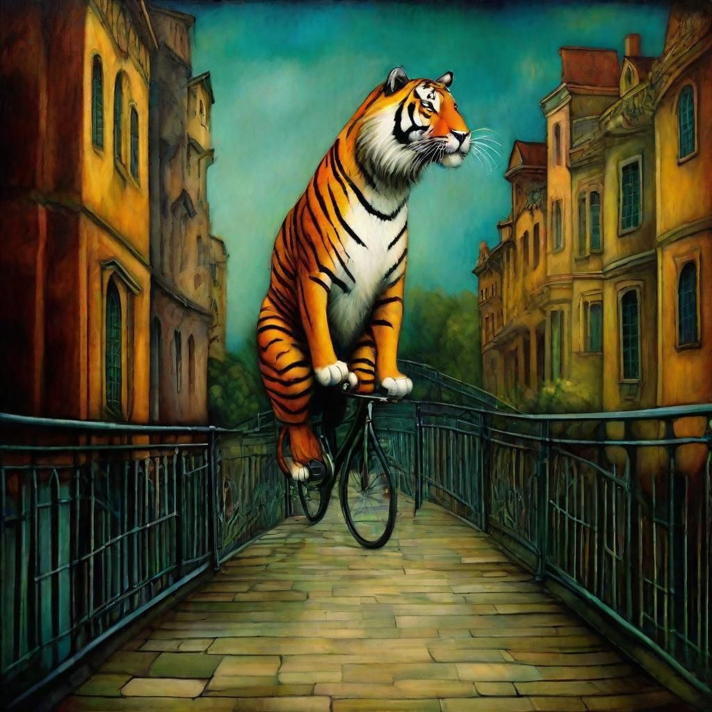 tiger riding bicycle on a bridge, by Benjamin Lacombe, renaissance style, wild, messy, painting, colorful, HDR, high qua...