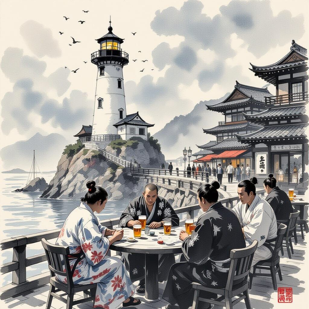 Fishermen's Solitude: Ukiyo-e Harbor Pub Scene