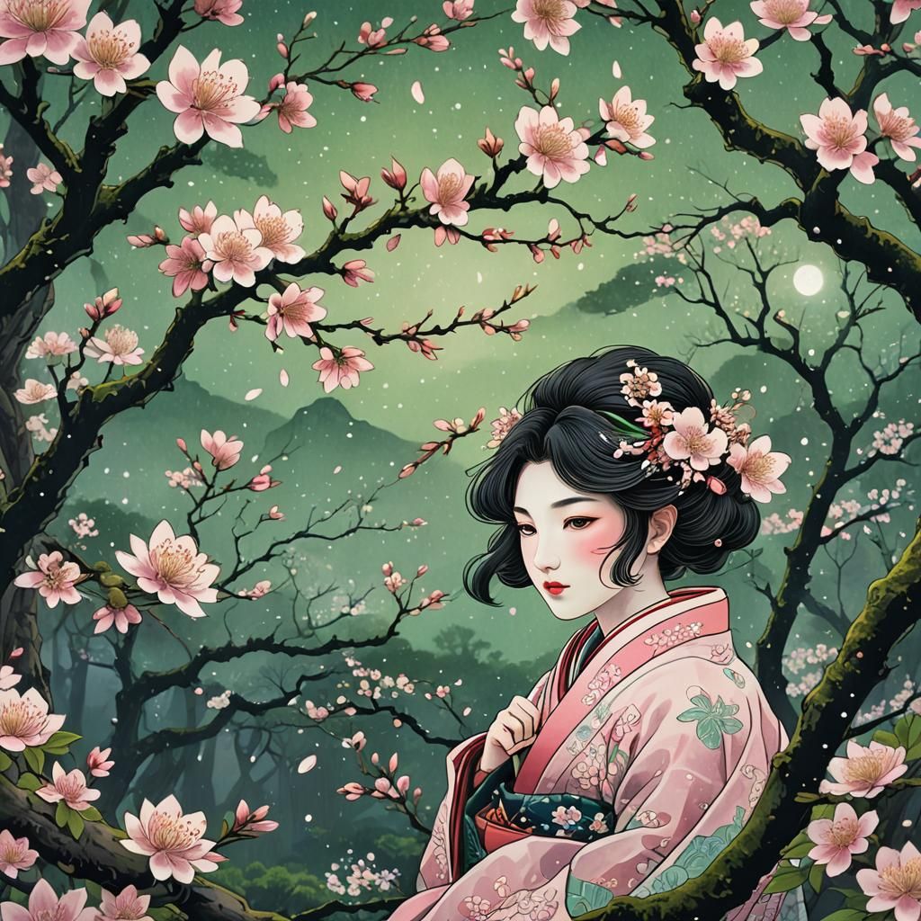 Sakura Flower in Ukiyo-e Style Forest