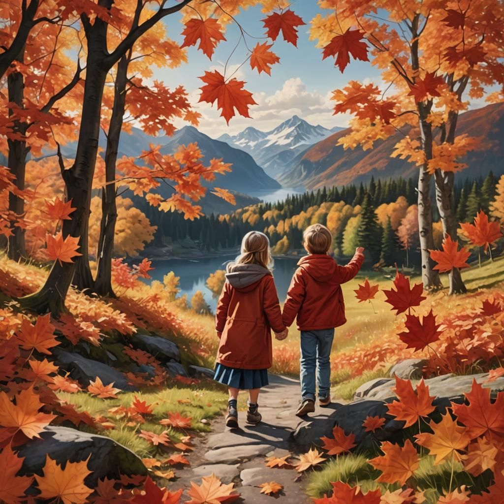 Children's Walk in Vivid Autumn Landscape
