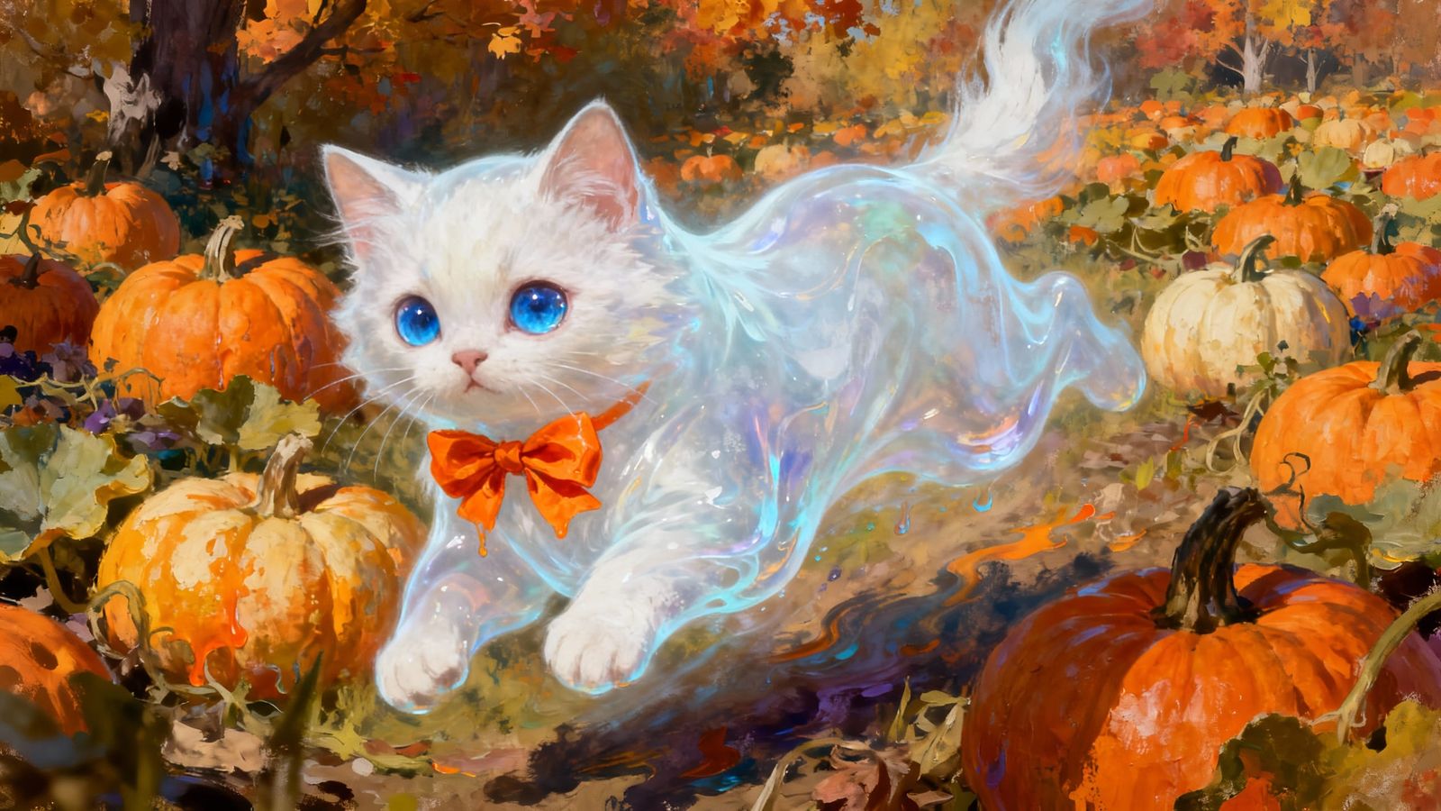 Adorable Kitten Ghost in Pumpkin Patch, Hyperrealistic Style