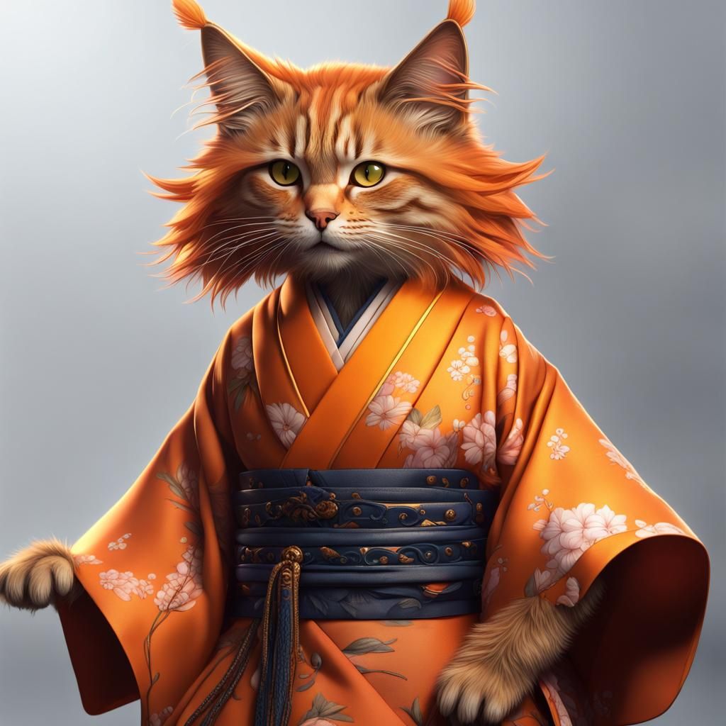 Anthropomorphic Maine Coon Cat in Kimono, Digital Art