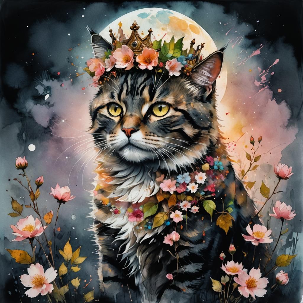 Cat with Flower Crown Double Exposure Portrait