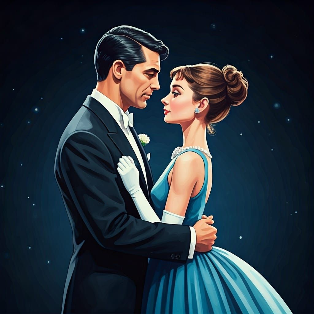 Ballroom Dance Watercolor of Cary Grant and Audrey Hepburn