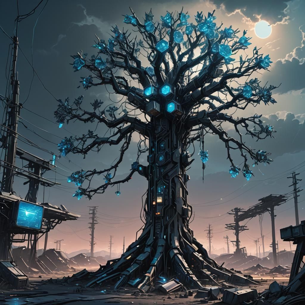Cyberpunk Cybertree with Solar Panels in Wasteland