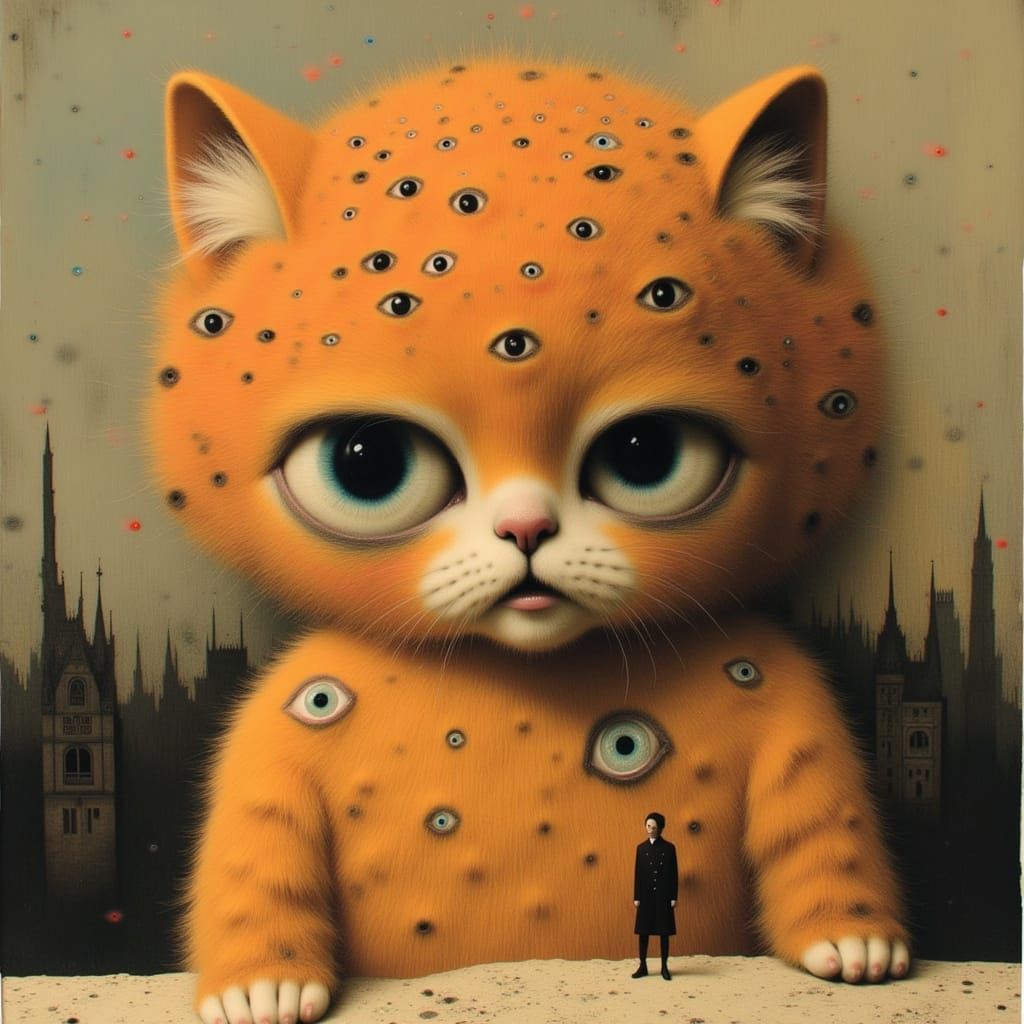 Vibrant Marmalade Cat in Distorted, Surreal Anime Style