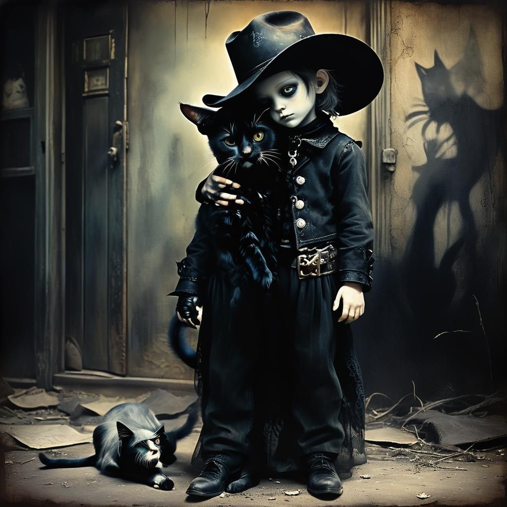 Eerie Gothic Cowboy Petting a Black Cat