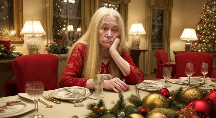 Sad Woman at Lavish Christmas Table: Abstract Art