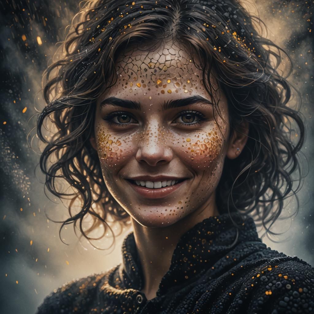 Pointillist Woman with Sinister Smile in Mist