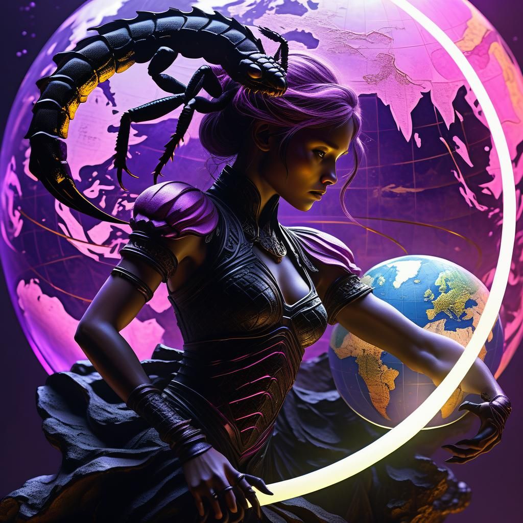 Scorpio Woman on Globe in Dark Fantasy Art
