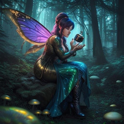 Vibrant Fairy Mixes Potion in Forest Glade, Anime Style
