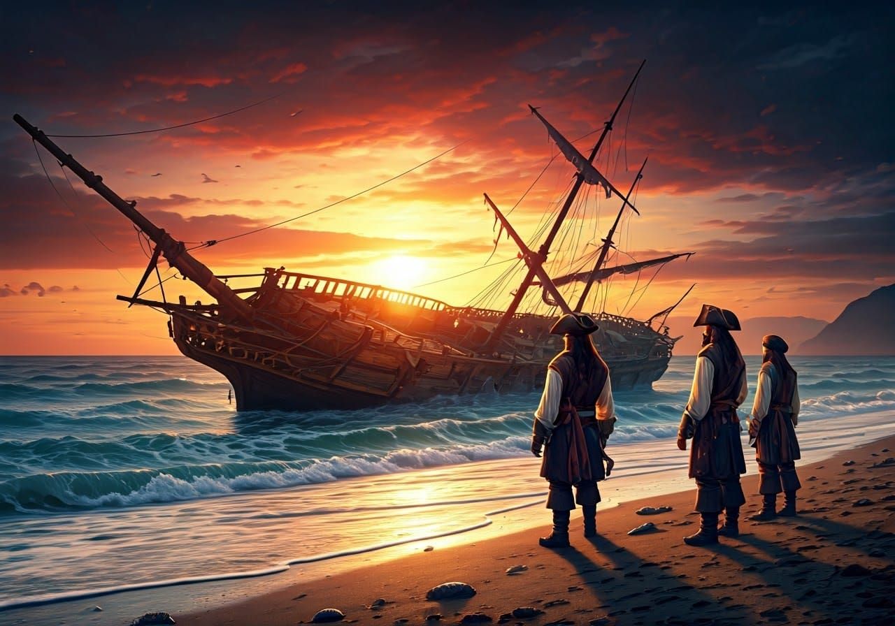 Wrecked Pirate Ship at Sunset in Romantic Style
