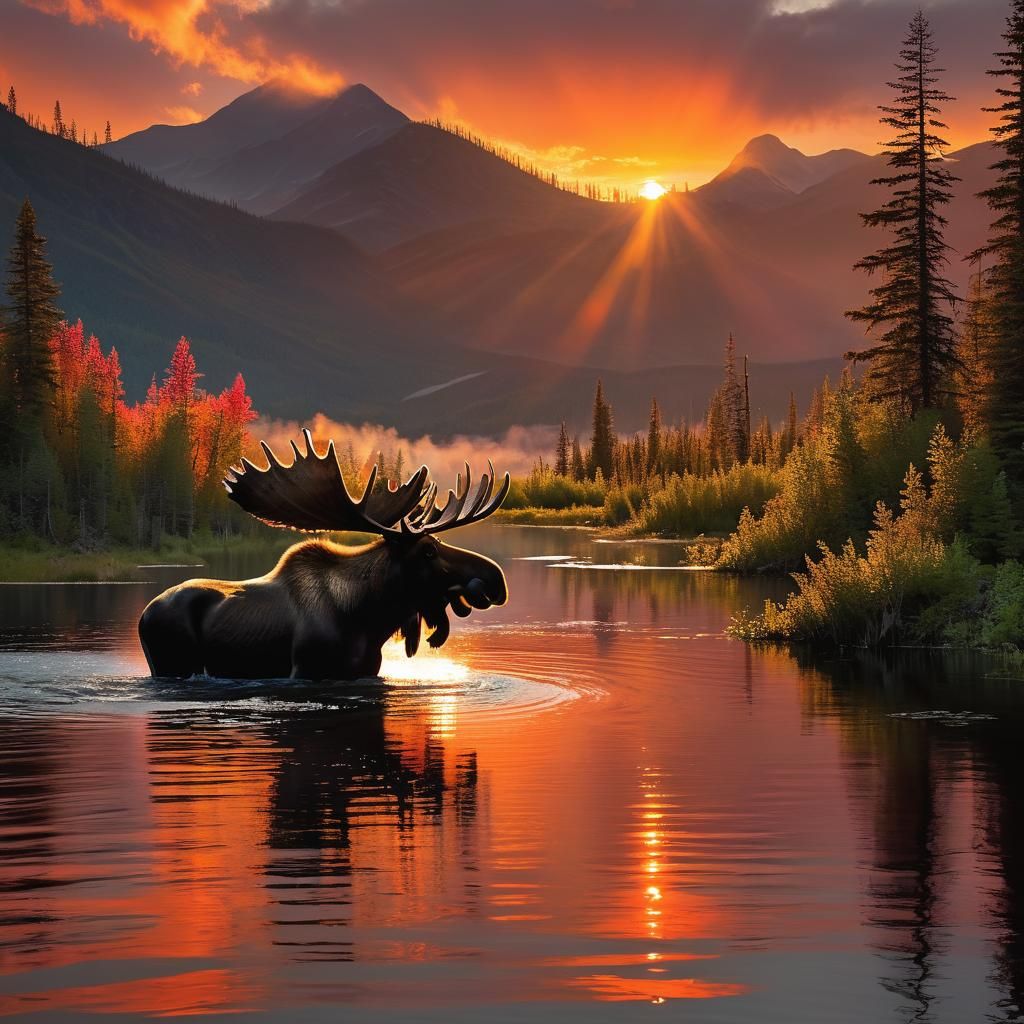 Moose Silhouetted at Sunset in Impasto Style
