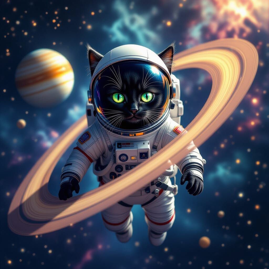 Astronaut Cat Among Saturn's Rings