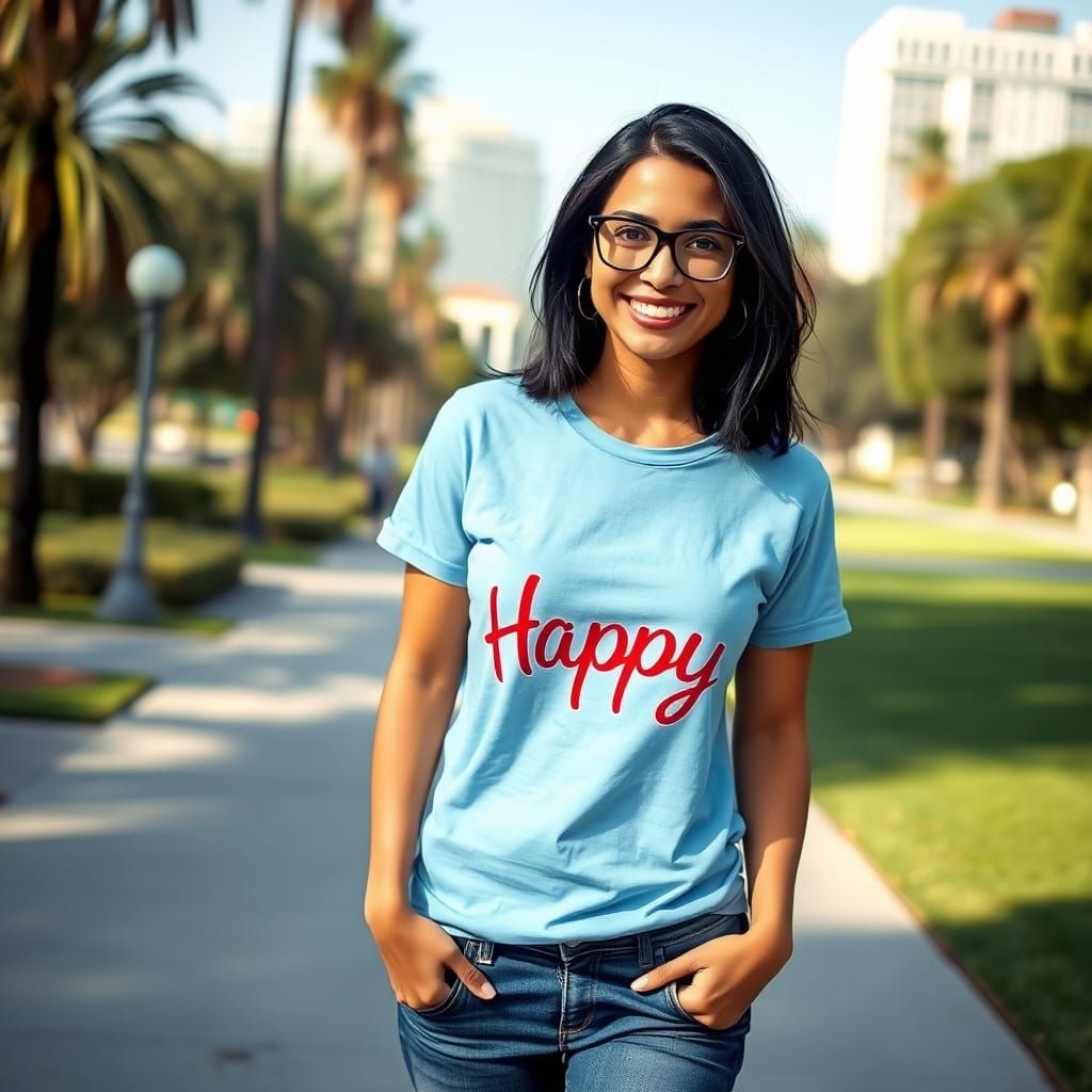 Smiling Woman Walking in Park, Photorealistic Style