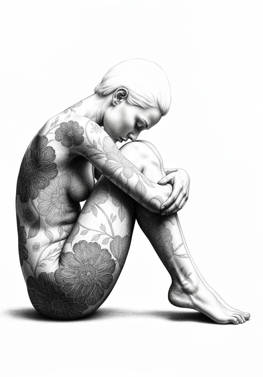 Surreal Charcoal Sketch of Woman in Floral Designs