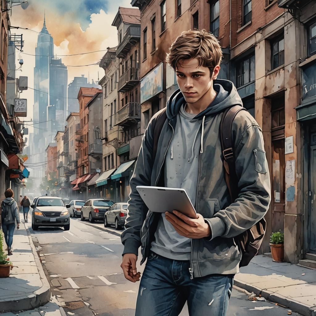 Young Man with Tablet in Watercolor Style