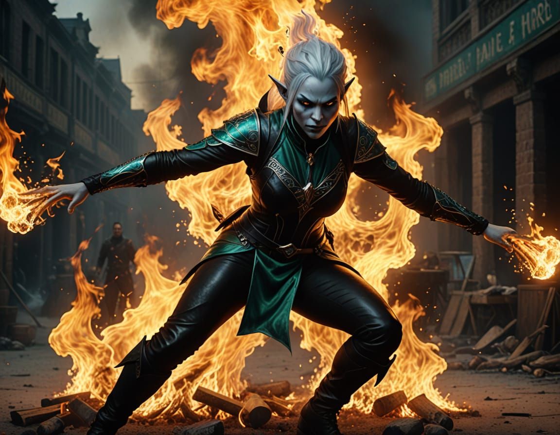 Hyperrealistic Digital Art of a Drow Acrobat in a Fiery Circ...